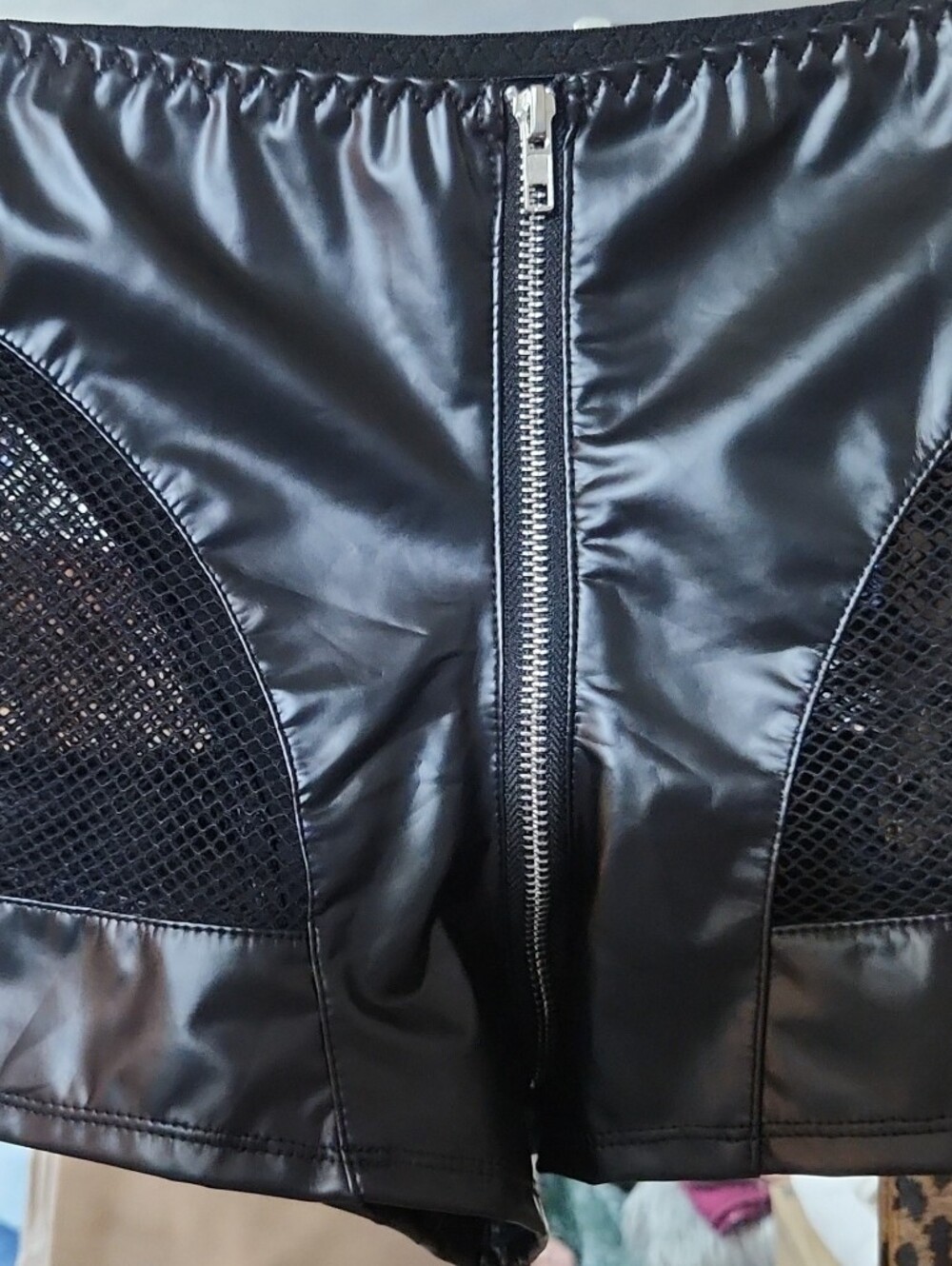 Black Faux Leather Shorts with Mesh Panels
